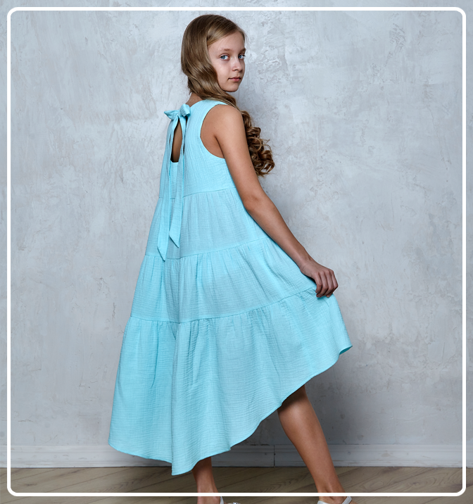 Платье для девочки летнее из муслина Эстель голубое