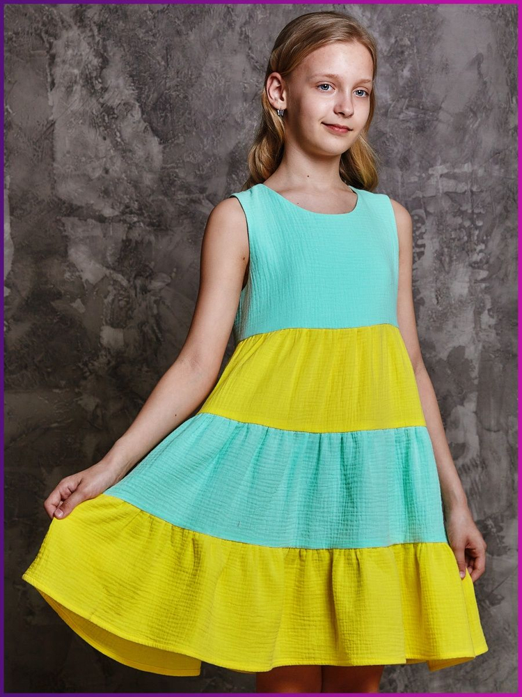 Платье для девочки летнее из муслина Ника мятный желтый