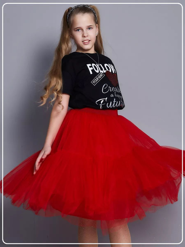 Нарядная юбка для девочки из фатина Мальвина красная